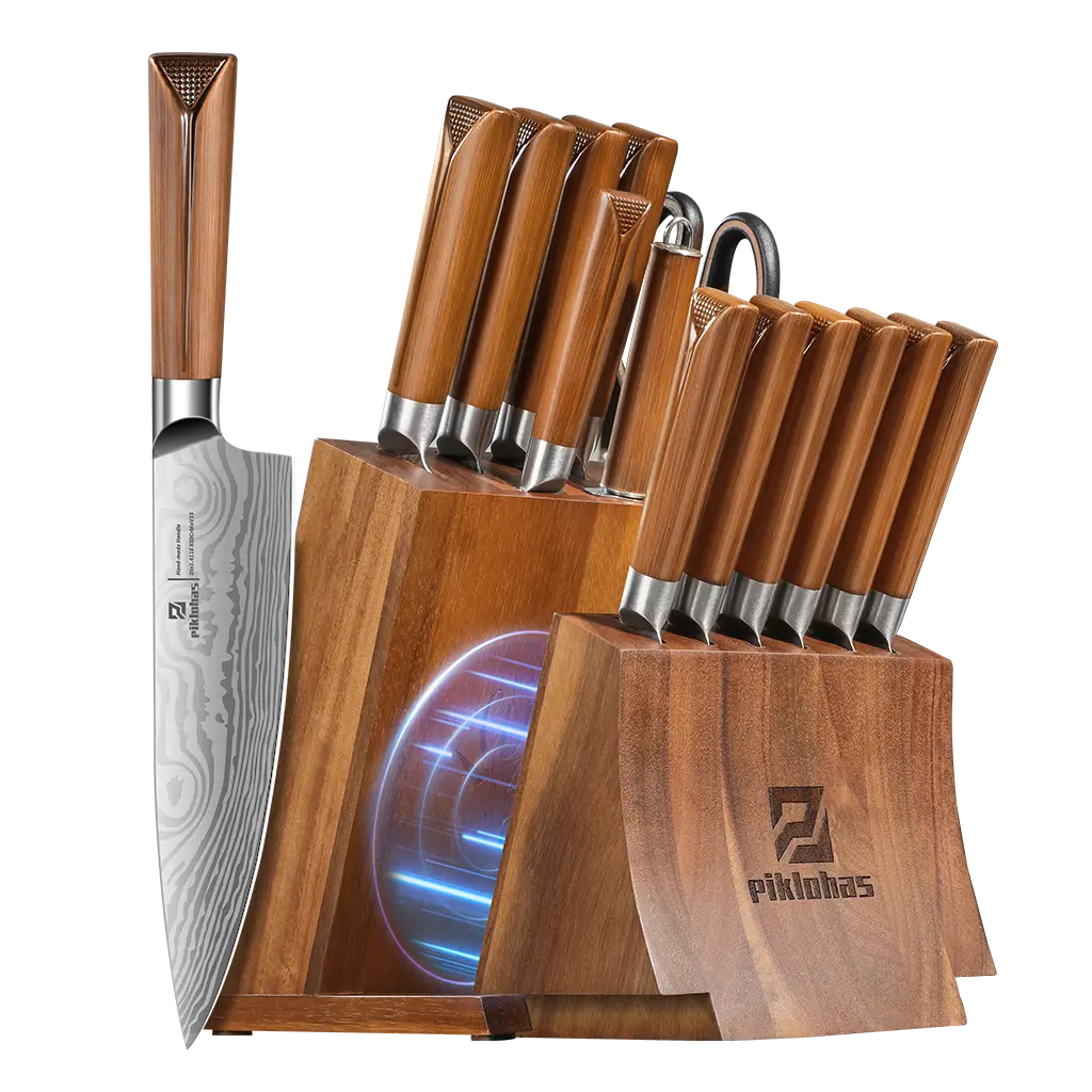 Knife Set 15-Piece Kitchen Knife Set with Sharpener Wooden Block