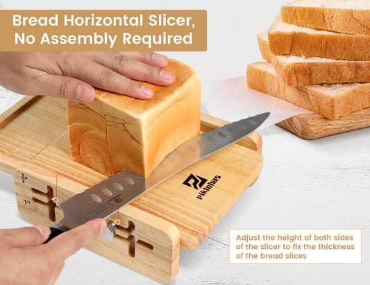 Manual Bread Slicer for Homemade Bread, 3 Slice Thickness, Patented Adjustable Horizontal Slicing Guide, Wooden Loaf Cutter with Crumb Tray, Bread Maker Accessory for Sourdough Cake Taost Bagels